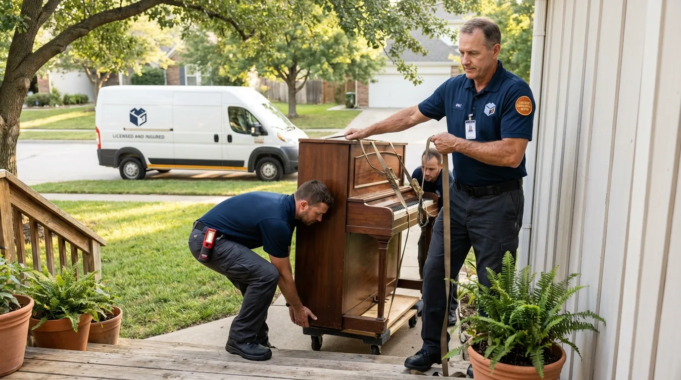 Licensed piano movers securing grand piano in Middle Island, NY