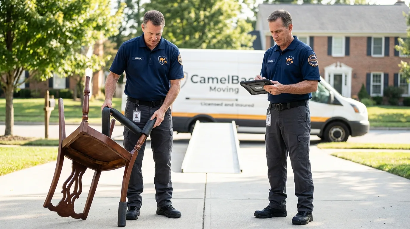 Movers inspecting furniture for damage prevention before loading in Middle Island, NY
