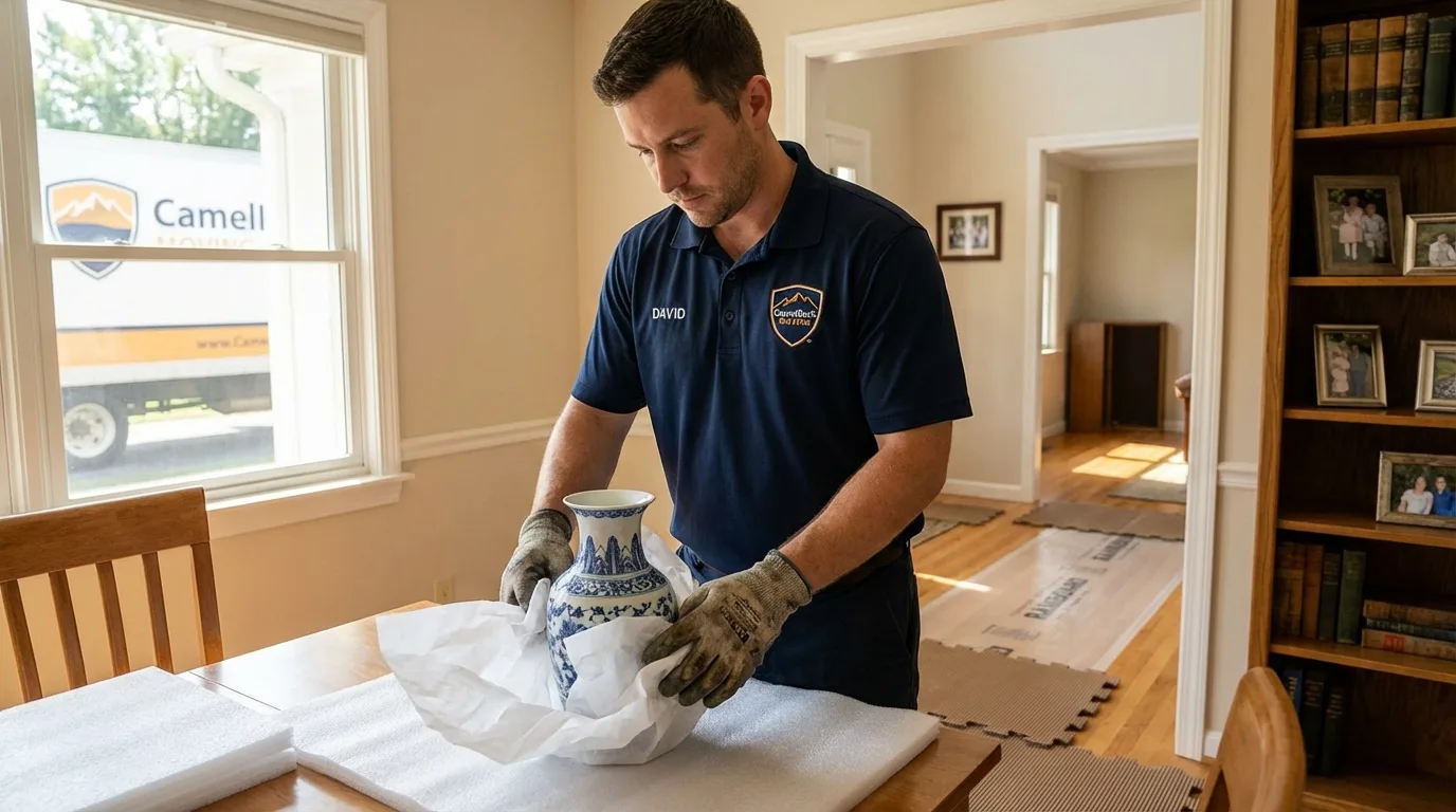 Professional crew carefully wrapping antique vase for senior downsizing move in Middle Island, NY