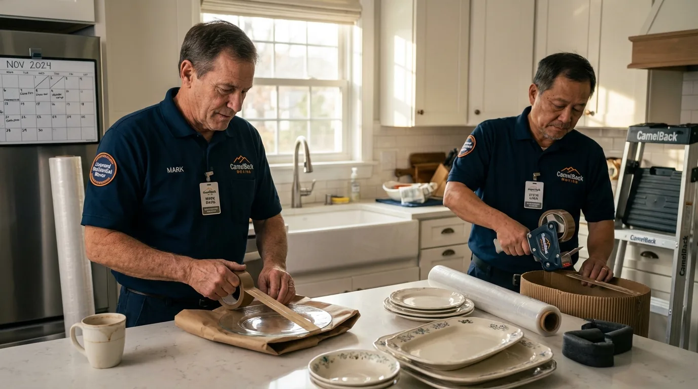 Professional crew packing kitchen dishware in Middle Island, NY